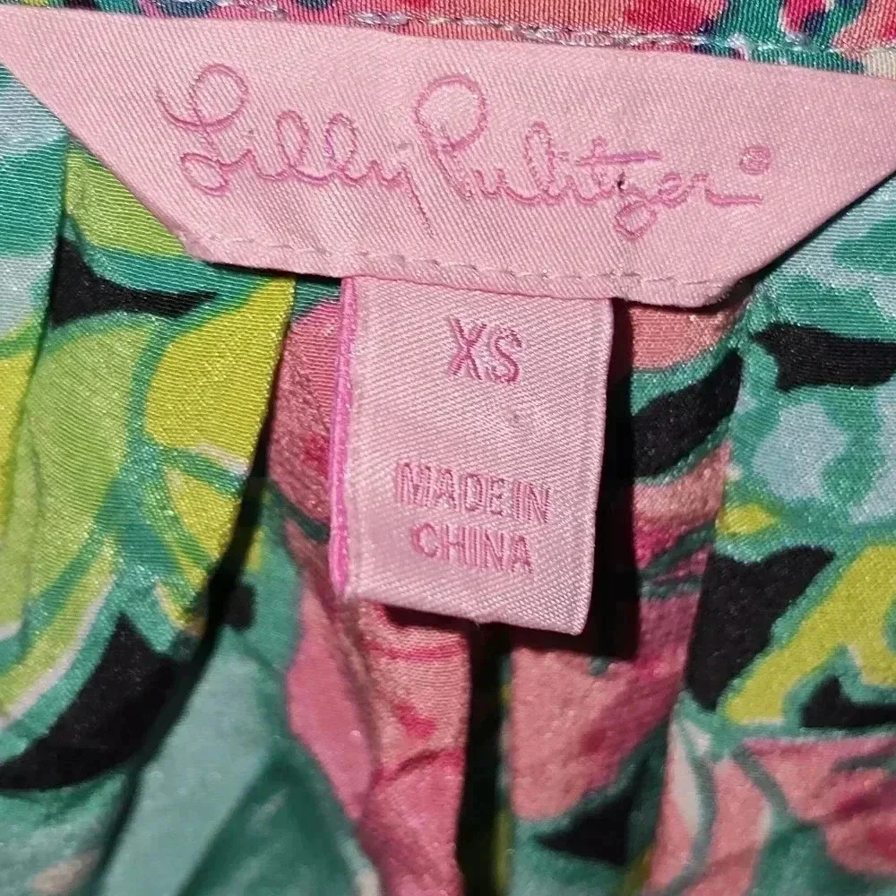 Lily Pulitzer 100% Silk Elsa Skip On It The  Frog-Floral Print Blouse SZ XS